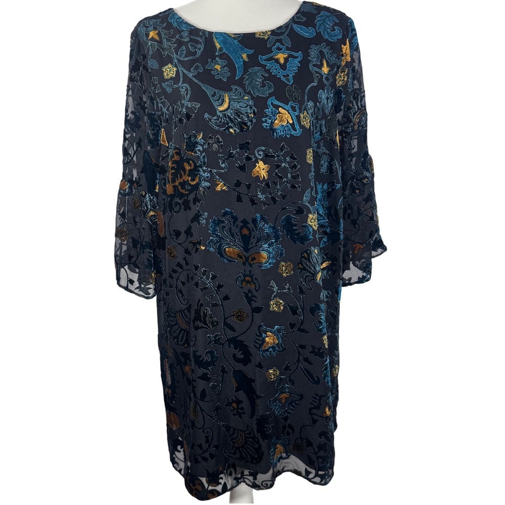 Carolina Belle‎ Retro Black Floral Velvet Long Sleeve Lined Dress Size 12